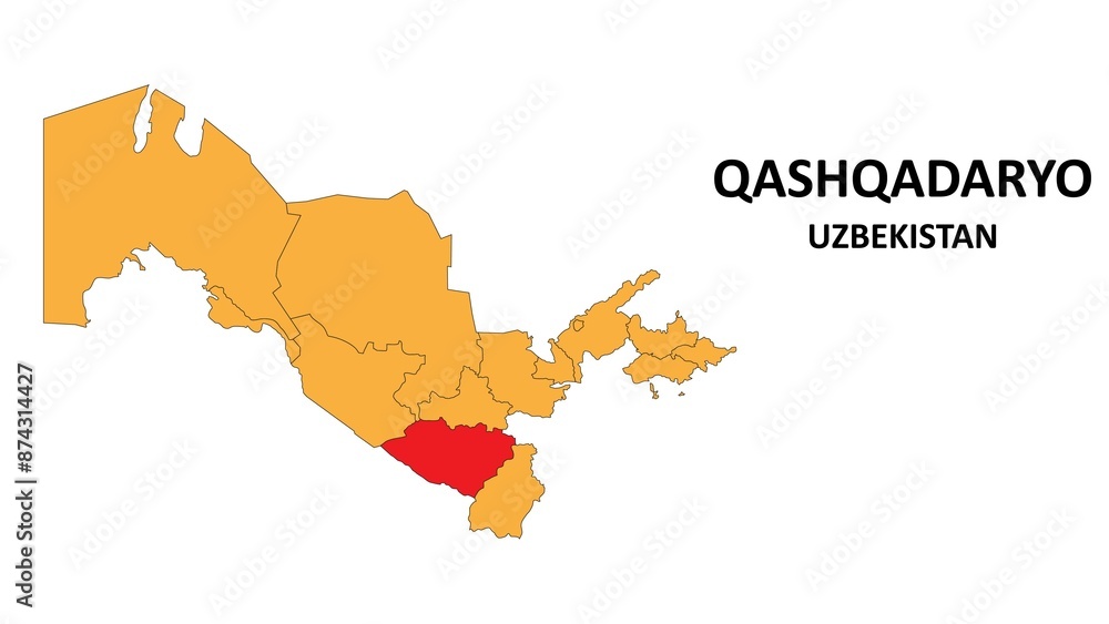 Obraz premium Qashqadaryo Map is highlighted on the Uzbekistan map with detailed State and region outlines.