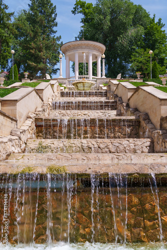 city park in summer season, beautiful view, nature with architecture and fountains