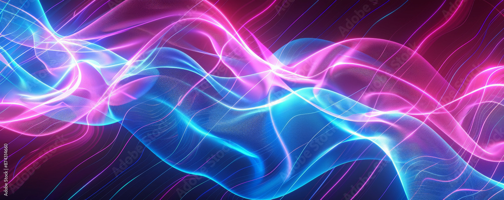Fototapeta premium A neon background with a digital wave pattern in electric blue and pink, creating a futuristic and dynamic visual.