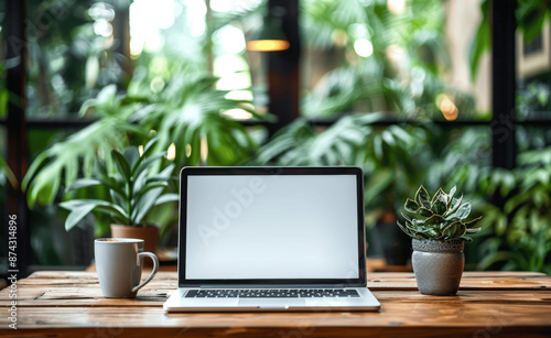 Laptop with Blank White Screen on Wooden Table in Coffee Shop with Blurred Green Plant Background, Mockup Template for Online Business Platform, High Quality Technology Photo © btiger