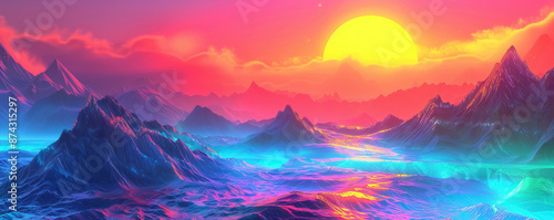 A neon landscape with glowing mountains and a neon sun setting behind them, casting a colorful glow over the scene.