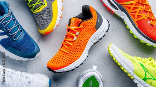Close-up of meticulously arranged running shoes, showcasing various designs and colors, with laces artfully splayed out on a textured gray surface