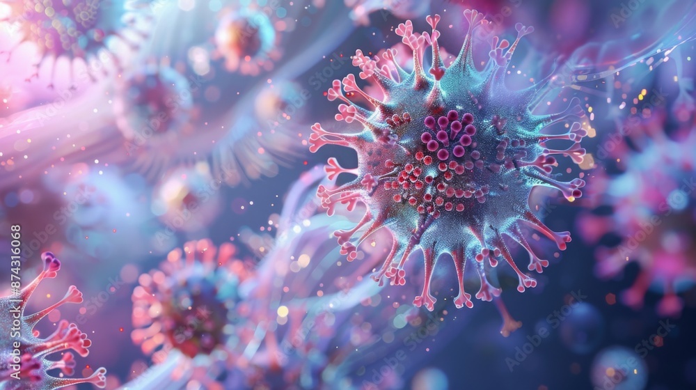 A detailed image of a virus particle with a spiky, blue and pink surface. Other particles are out of focus in the background. A detailed image of a virus particle with a spiky, blue and pink surface. Other particles are out of focus in the background.