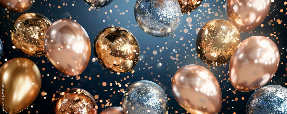 A playful display of metallic balloons in gold, silver, and rose gold, reflecting light and creating a luxurious and celebratory mood against a dark blue background. A playful display of metallic balloons in gold, silver, and rose gold, reflecting light and creating a luxurious and celebratory mood against a dark blue background.