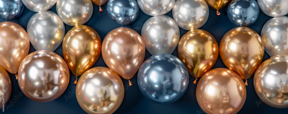 A playful display of metallic balloons in gold, silver, and rose gold, reflecting light and creating a luxurious and celebratory mood against a dark blue background. A playful display of metallic balloons in gold, silver, and rose gold, reflecting light and creating a luxurious and celebratory mood against a dark blue background.