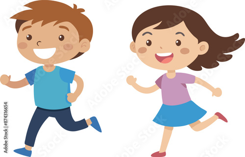 Happy kids running and playing, smiling boy and girl enjoying outdoor activity