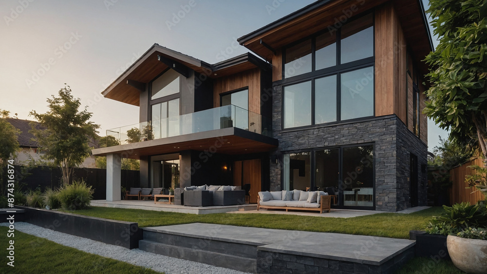 Modern house with spacious garden and contemporary design, featuring large windows and stylish lighting. Modern house with spacious garden and contemporary design, featuring large windows and stylish lighting.