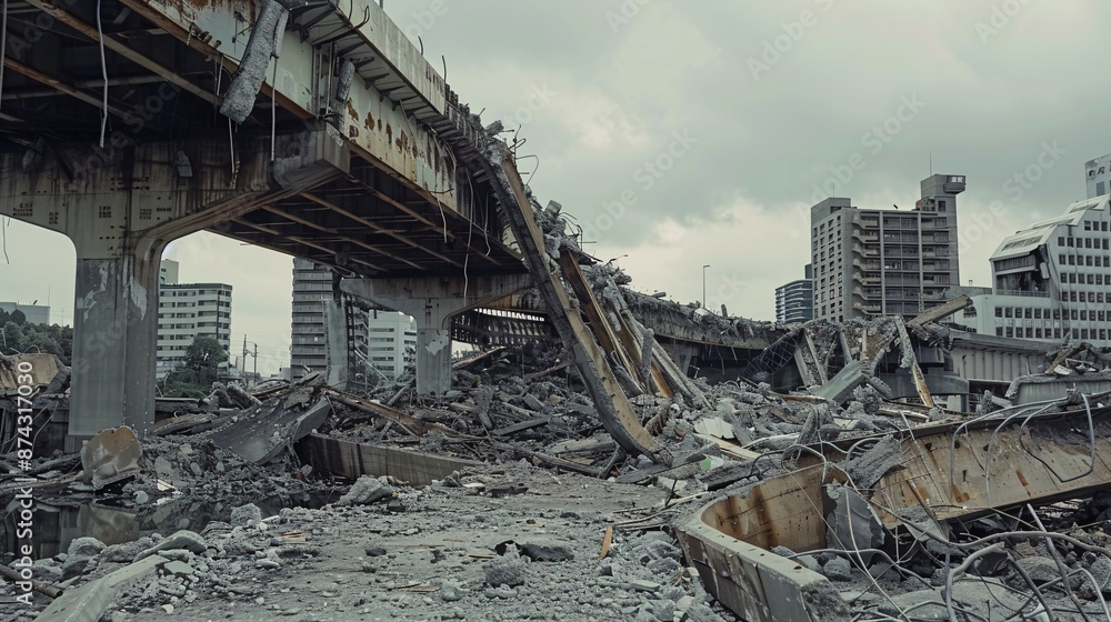 A striking image of a fallen cityscape, with sharp, detailed shots of a collapsed bridge and the surrounding rubble. The photo captures the dramatic and haunting atmosphere of the fallen city A striking image of a fallen cityscape, with sharp, detailed shots of a collapsed bridge and the surrounding rubble. The photo captures the dramatic and haunting atmosphere of the fallen city