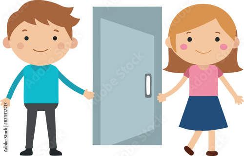 Cartoon illustration of children showing good manners by holding the door open