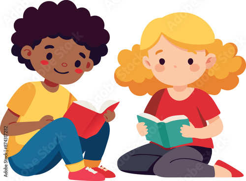 Illustration of two children reading books together, promoting education and literacy