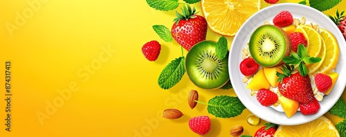 Many colorful fruits are positioned on the right in the photo on a yellow background