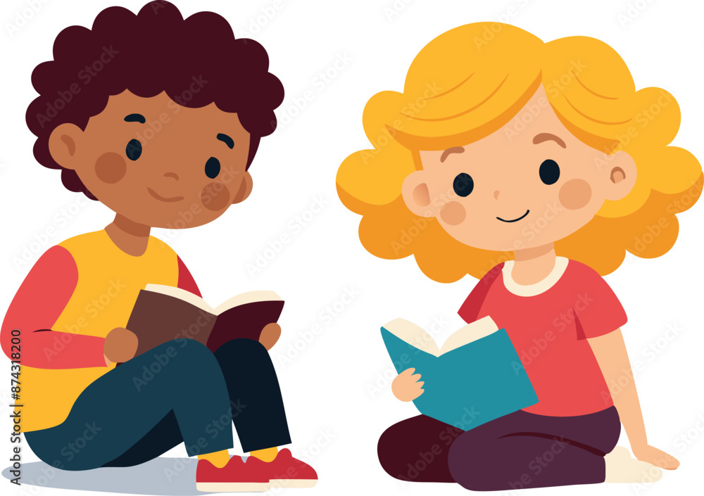 Illustration of two children reading books together, promoting education and literacy Illustration of two children reading books together, promoting education and literacy