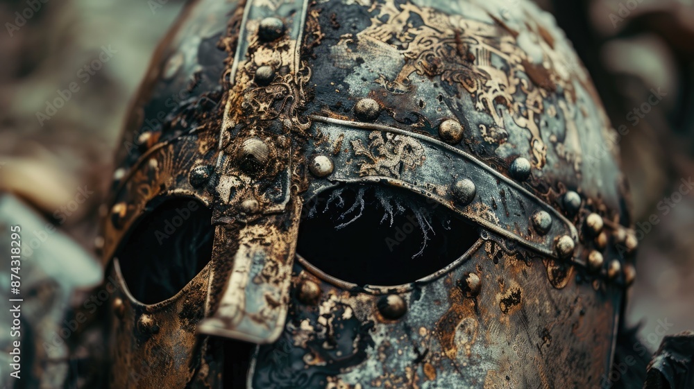 Obraz premium Close-up of detailed, ornate, weathered metal warrior helmet with intricate engravings
