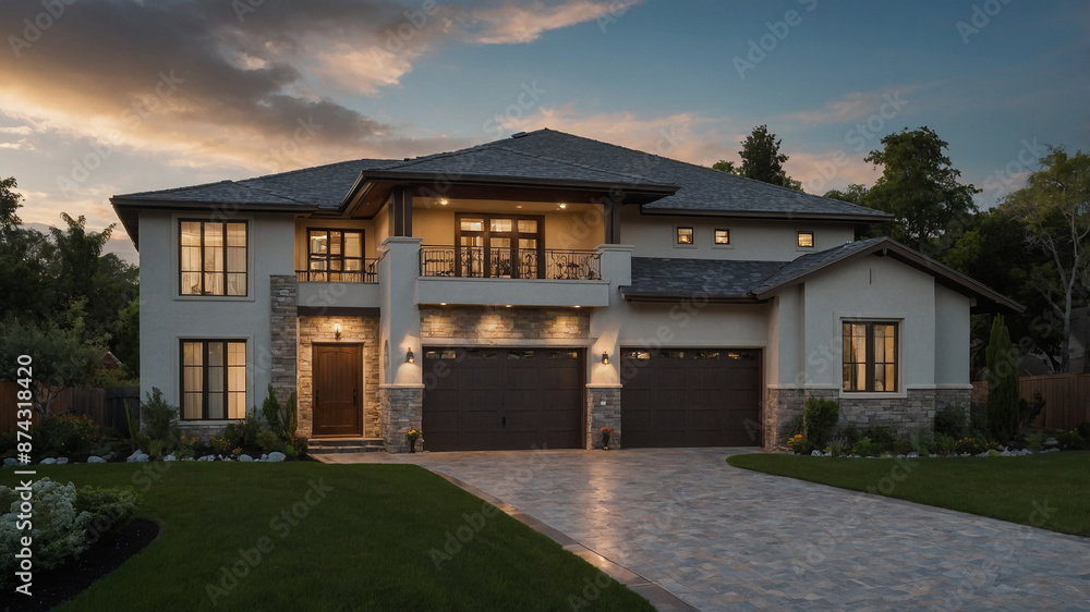Modern single-story house with lush green garden and large garage under twilight sky, perfect symmetry. Modern single-story house with lush green garden and large garage under twilight sky, perfect symmetry.