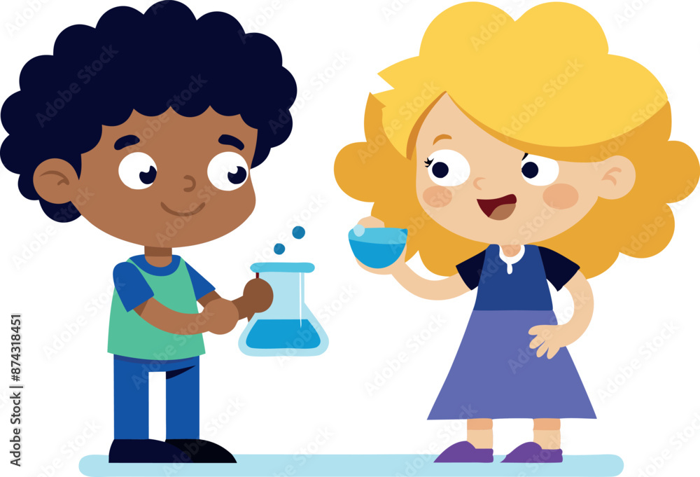 Happy children conducting science experiment together with lab equipment Happy children conducting science experiment together with lab equipment