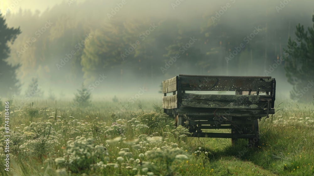 Naklejka premium Old wooden cart on misty meadow with trees in background