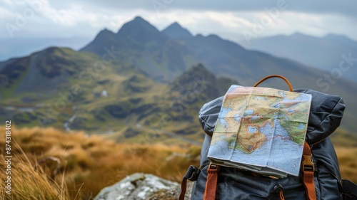 Backpack with map on it in mountains photo