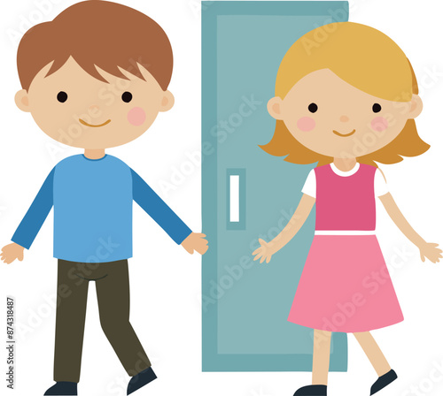 Cartoon illustration of children showing good manners by holding the door open