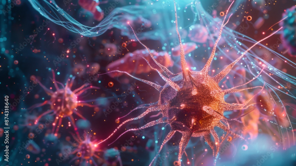 A digital illustration depicting a virus with glowing, red appendages floating in a dark, starry space. Blue and pink hues illuminate the background, creating a surreal and ethereal atmosphere. A digital illustration depicting a virus with glowing, red appendages floating in a dark, starry space. Blue and pink hues illuminate the background, creating a surreal and ethereal atmosphere.