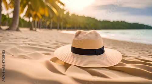 Beach Scene with Straw Hat on Sand