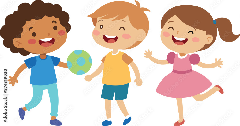 Happy children playing together with a ball, smiling and having fun Happy children playing together with a ball, smiling and having fun