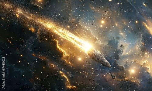 A meteor fell followed by a bright yellow glowing tail in the night sky and there were twinkles around it