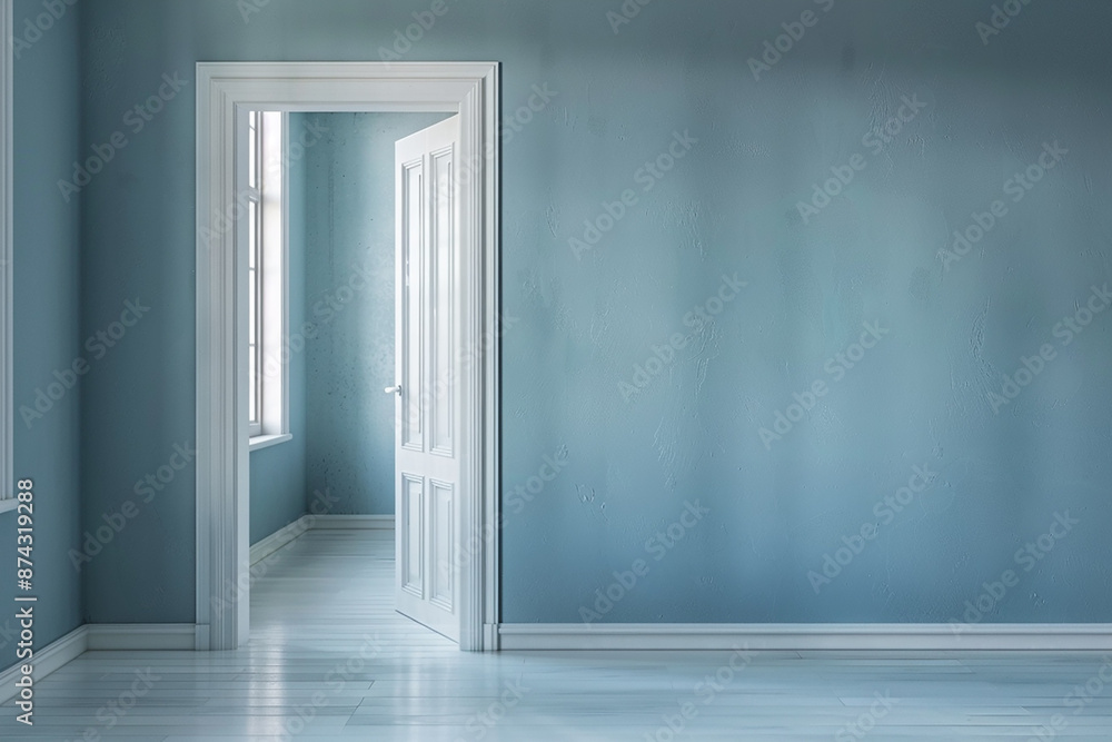 Open white door leading to a light-filled room, symbolizing opportunity and new beginnings, with a serene blue wall backdrop. Open white door leading to a light-filled room, symbolizing opportunity and new beginnings, with a serene blue wall backdrop.