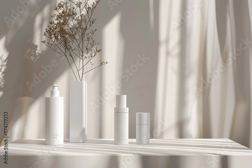 Minimalist white cosmetic bottles arranged with a dry plant in a sunlit room, highlighting clean beauty and elegance, suitable for a mockup.