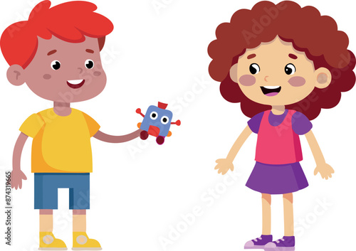 Cute characters exchanging a gift. Joyful interaction between two friends with happy expressions.