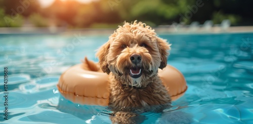 Happy Dog Floats On Inflatable Ring In Pool On Sunny Day