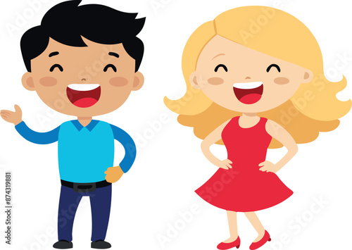 Happy cartoon boy and girl characters smiling and waving