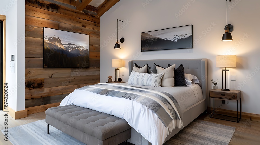 Elegant bedroom with a rustic design, featuring reclaimed wood furniture, cozy textiles, and warm lighting, creating a charming and comfortable retreat. Copy space for text, sharp focus and clear Elegant bedroom with a rustic design, featuring reclaimed wood furniture, cozy textiles, and warm lighting, creating a charming and comfortable retreat. Copy space for text, sharp focus and clear
