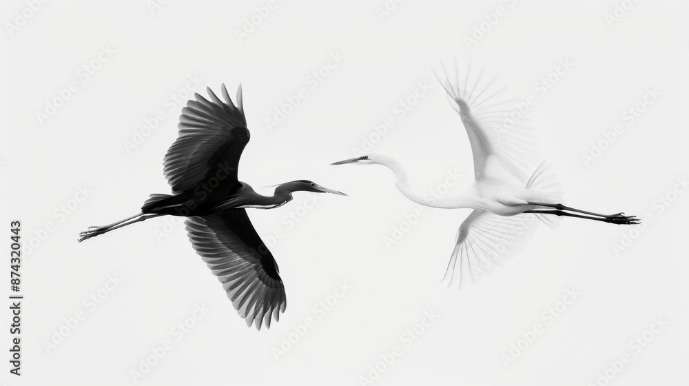Fototapeta premium Black and white two herons on a white background.