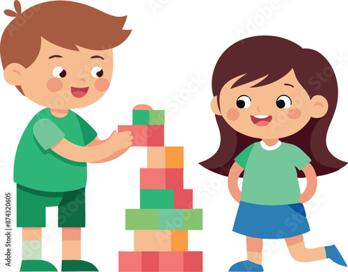 Happy children playing with building blocks, creating a colorful tower together