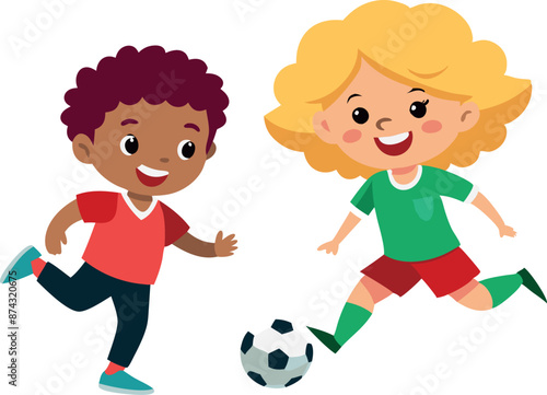 Happy cartoon children playing soccer. Two kids enjoying a fun and energetic football game