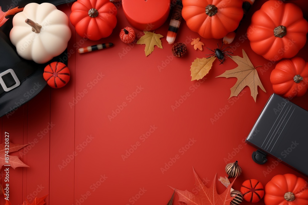 Top view of autumn decorations with pumpkins and leaves on a red background. Perfect for seasonal and holiday themes. Top view of autumn decorations with pumpkins and leaves on a red background. Perfect for seasonal and holiday themes.
