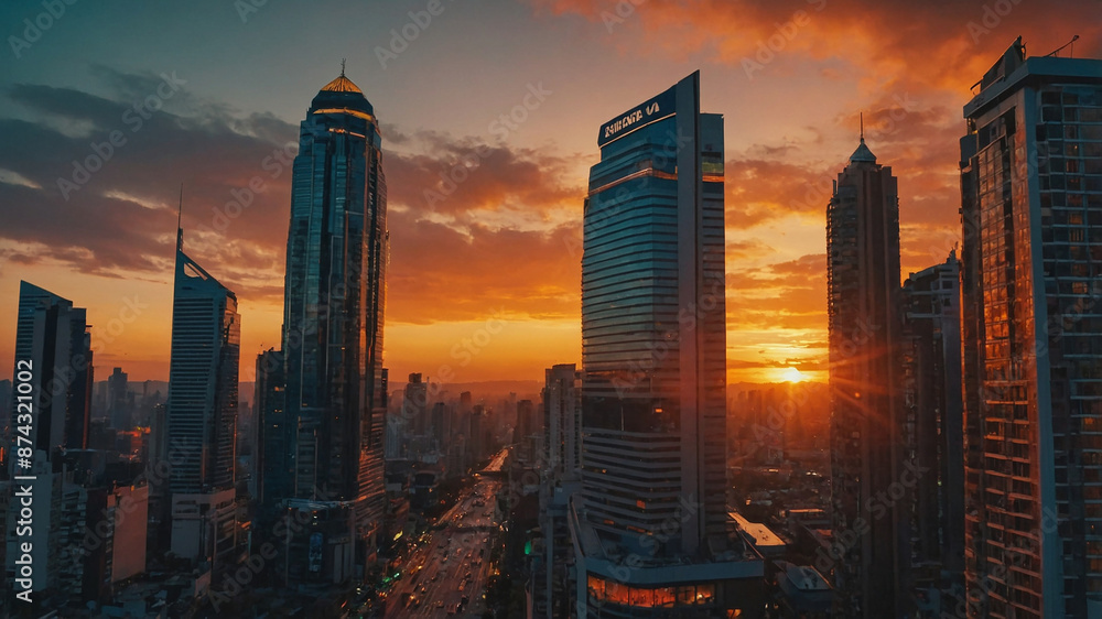 Fototapeta premium Sunset view of a metropolitan city skyline with tall buildings and a vibrant orange and purple sky.