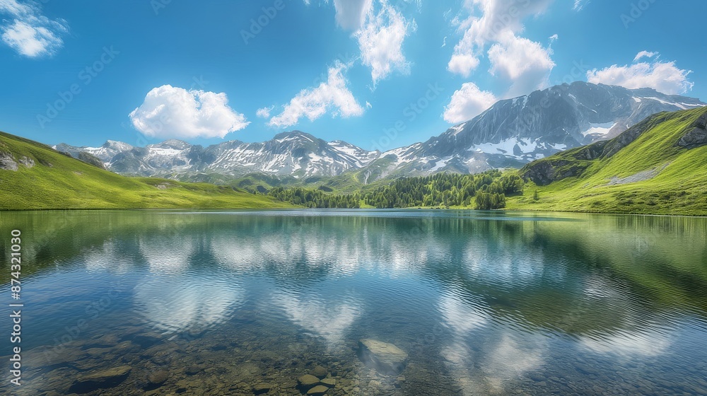 Fototapeta premium Tranquil Mountain Lake Reflecting Clouds on a Sunny Summer Day