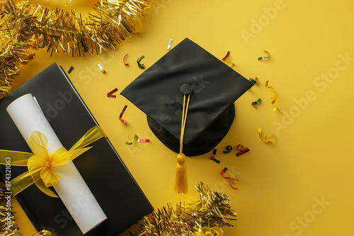 Flat lay with graduation hat, students diploma, gold tinsel on yellow background