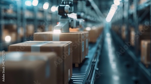 An advanced conveyor system handling various packages in a modern warehouse setting, demonstrating automation and efficiency of logistics and supply chain management.