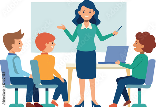 Teacher conducting lesson with students in classroom using laptop and whiteboard