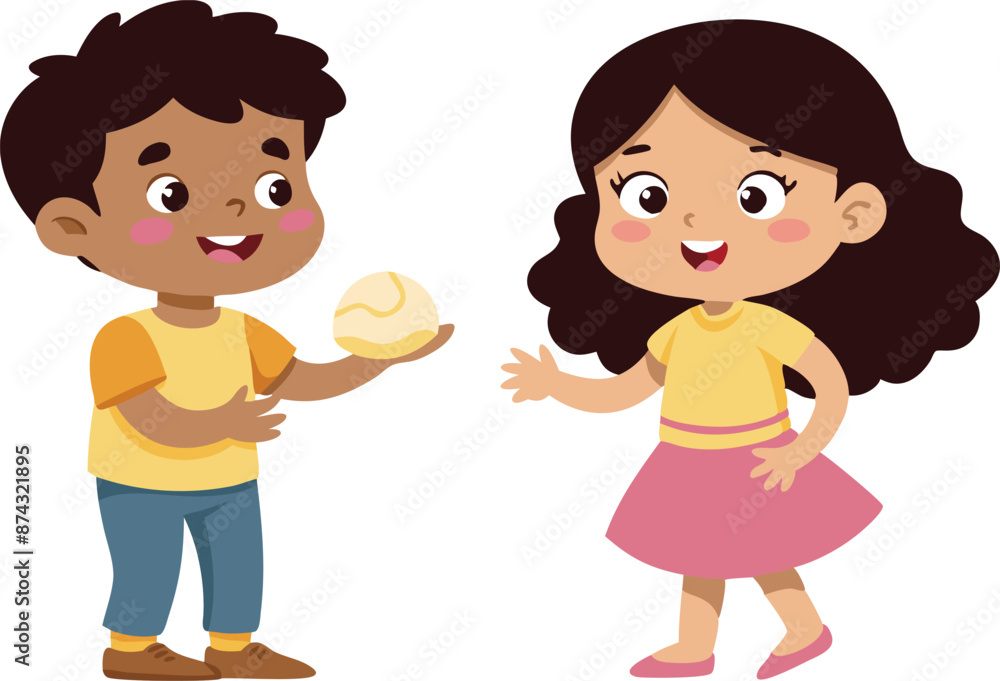 Happy cartoon kids playing with a ball, cheerful children engaged in fun activity Happy cartoon kids playing with a ball, cheerful children engaged in fun activity