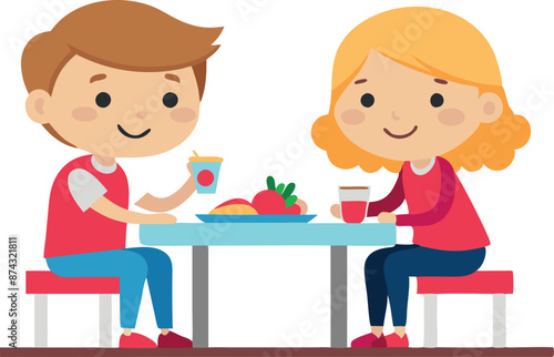 Illustration of two children sitting at a table and enjoying drinks together