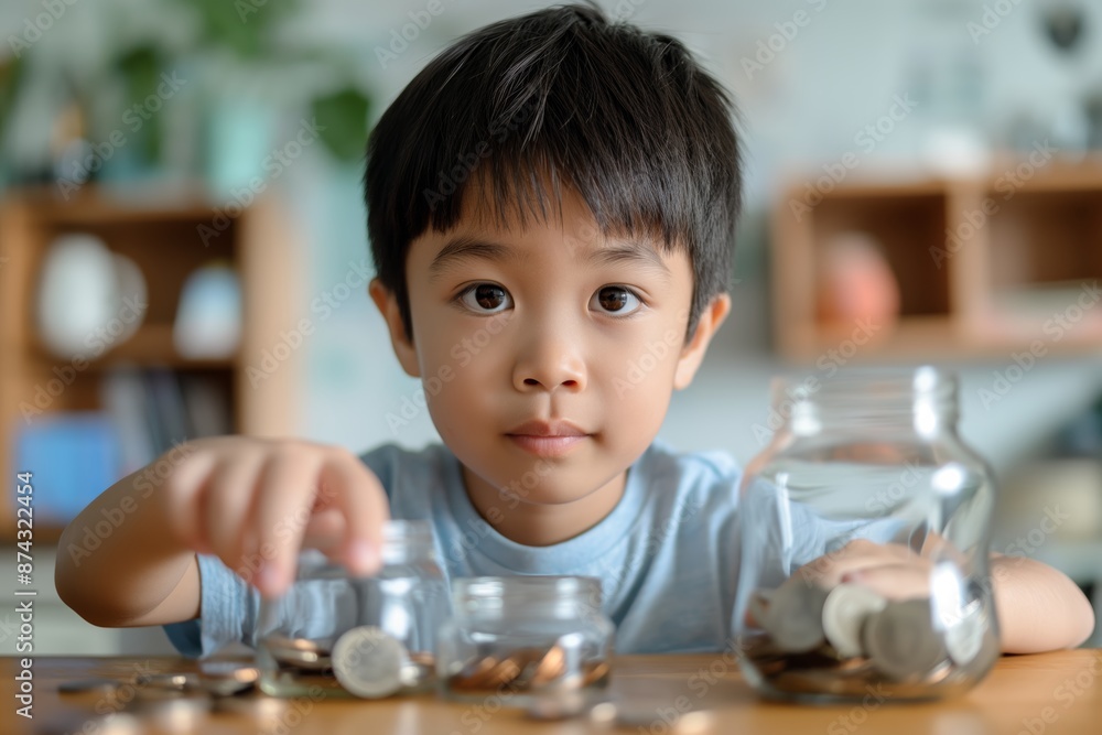 Young boy saving money in jars, showcasing financial literacy and saving for the future. Concept of childhood savings and financial education.