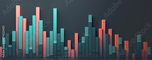 A sleek bar chart with teal and coral bars reflecting stock price changes, with the bars moving up and down against a dark gray background. © AI_images_for_people