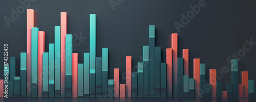 A sleek bar chart with teal and coral bars reflecting stock price changes, with the bars moving up and down against a dark gray background.