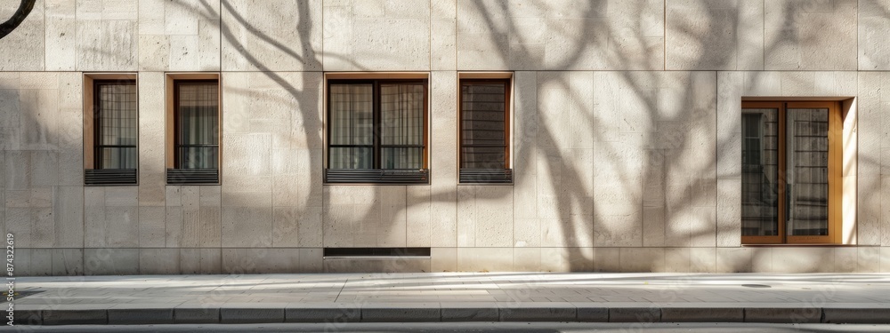 Obraz premium Minimalist building, modern facade, facing a wall with windows and doors, warm sunlight, tranquil urban scene.