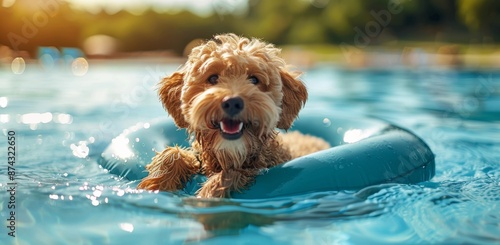 Happy Dog Floats In Pool On Sunny Day