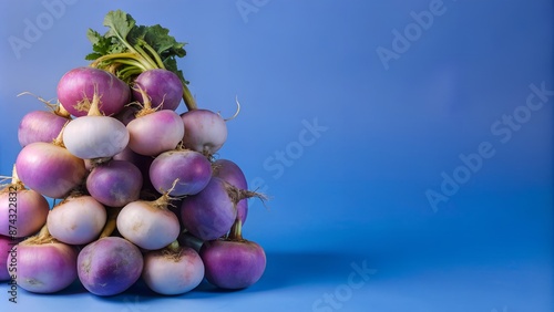 A pyramid of fresh purple turnips against a blue background photo