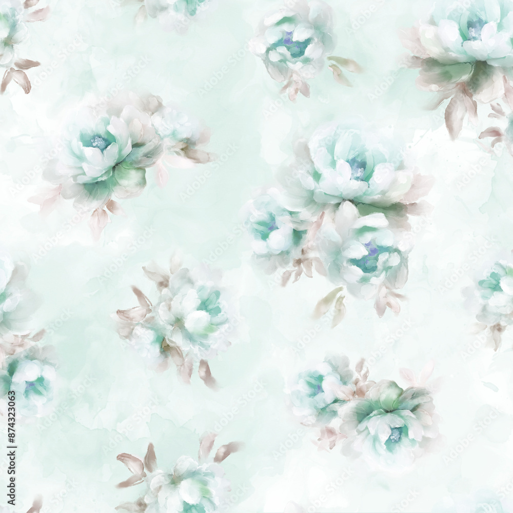 Delicate seamless print with peonies. Repeating pattern. Watercolor floral illustration. Flower heads with delicate petals and leaves. Delicate seamless print with peonies. Repeating pattern. Watercolor floral illustration. Flower heads with delicate petals and leaves.